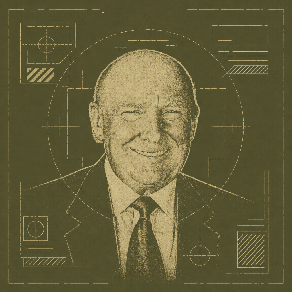 Blueprint-style illustration of the bald statesman's head with grid lines, dashed circle, and technical measurement marks