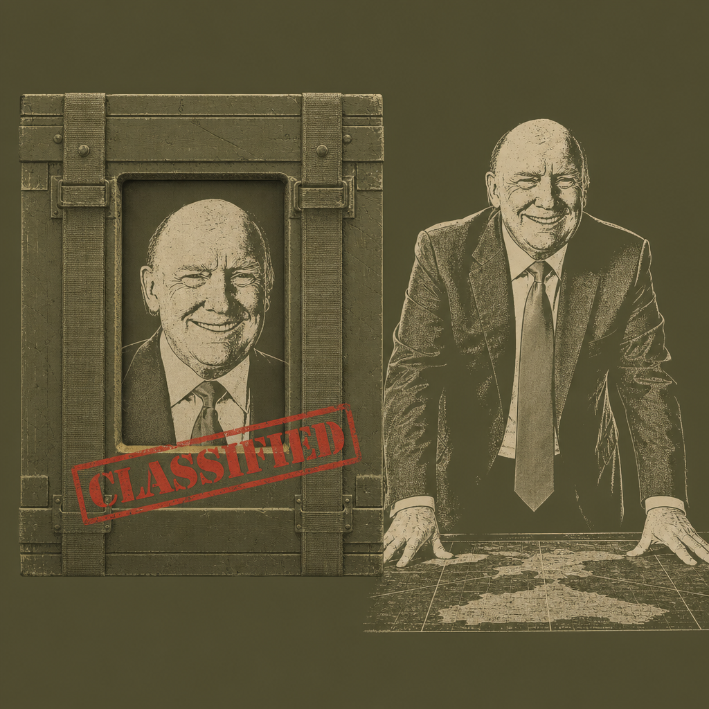 Line-art diagram of the bald statesman standing over a map, with a companion crate portrait frame stamped CLASSIFIED