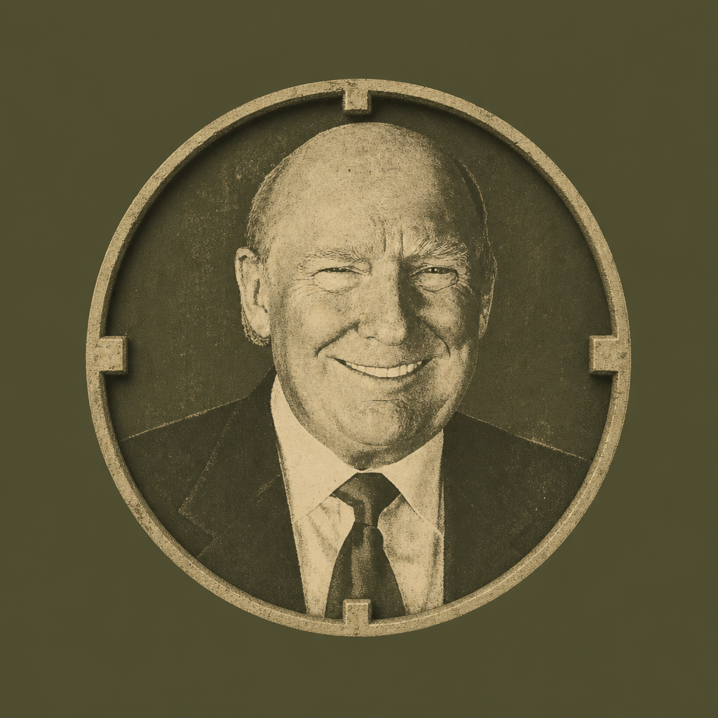 Bald Trump avatar medallion, engraved stencil portrait framed in a circular crate window