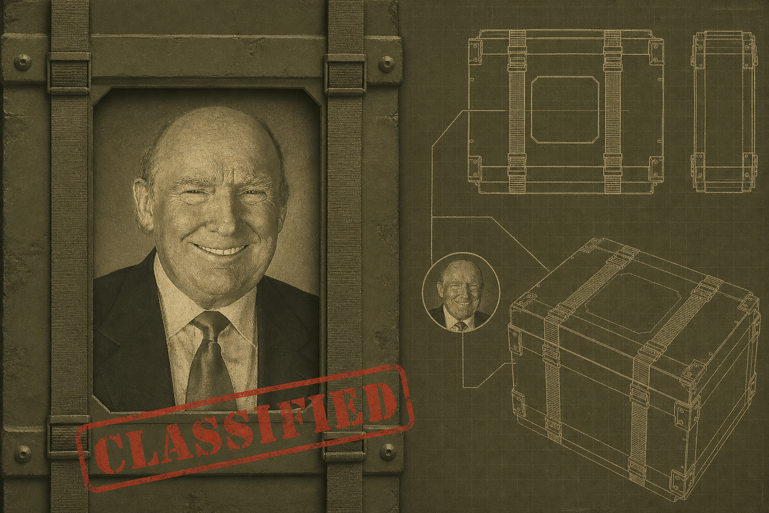Wide scene of the bald statesman's portrait recessed into a stencilled crate window beside blueprint diagrams of the crate itself
